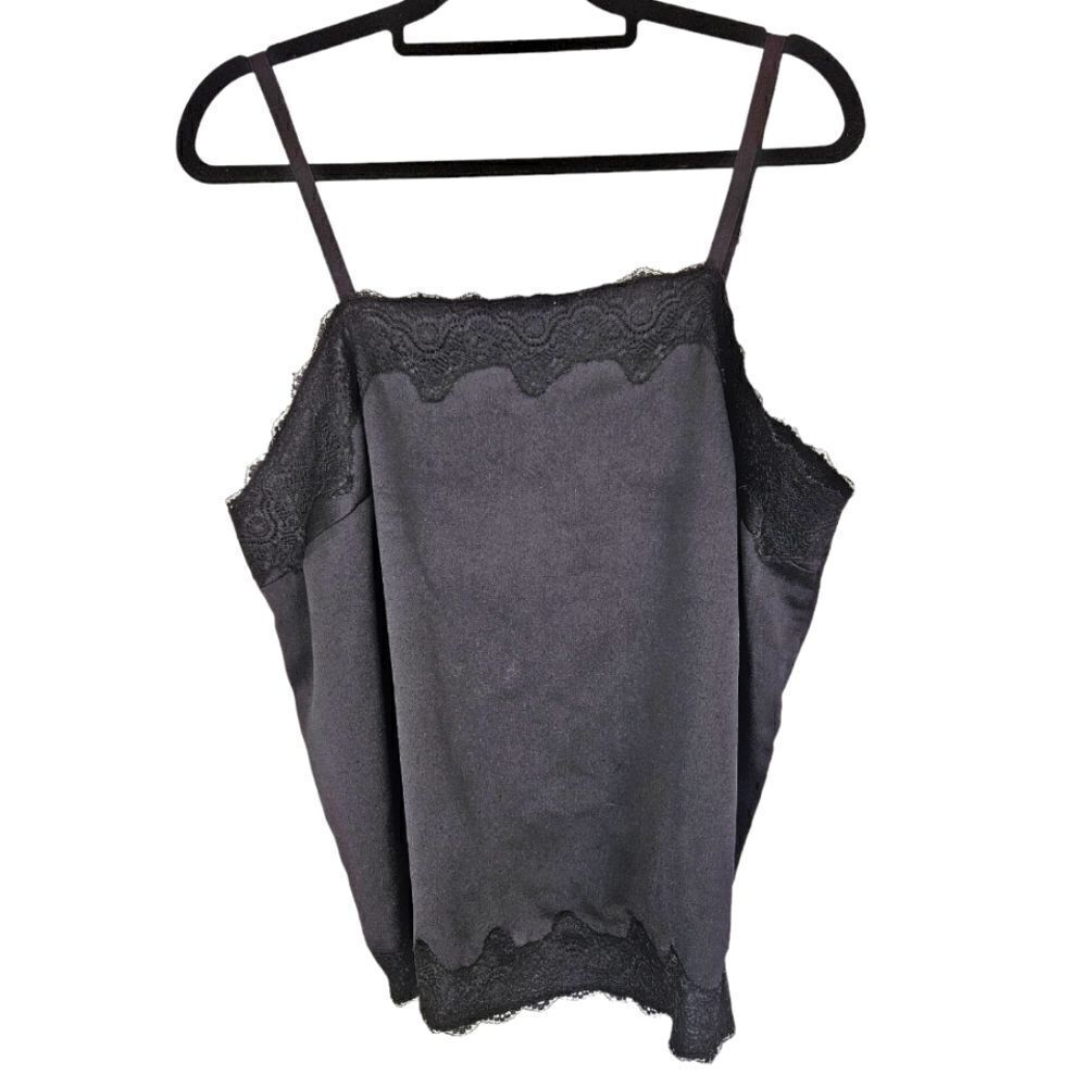 Roman's Black Lace Trim Crepe Camisole Spaghetti Strap Tank Top Chemise 20W
